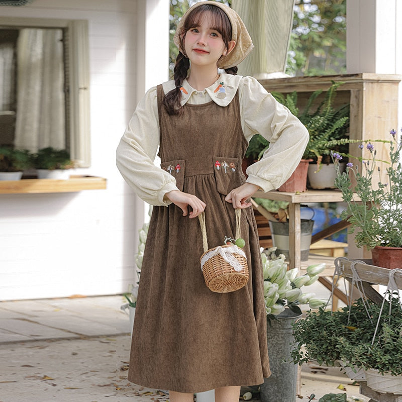 Mushroom Embroidered Corduroy Cottagecore Pinafore Dress / Shirt
