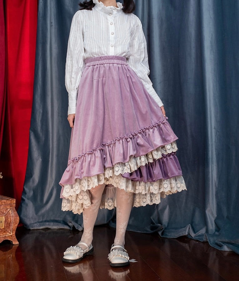 Violet Velvet Layered Ruffle Cottagecore Skirt