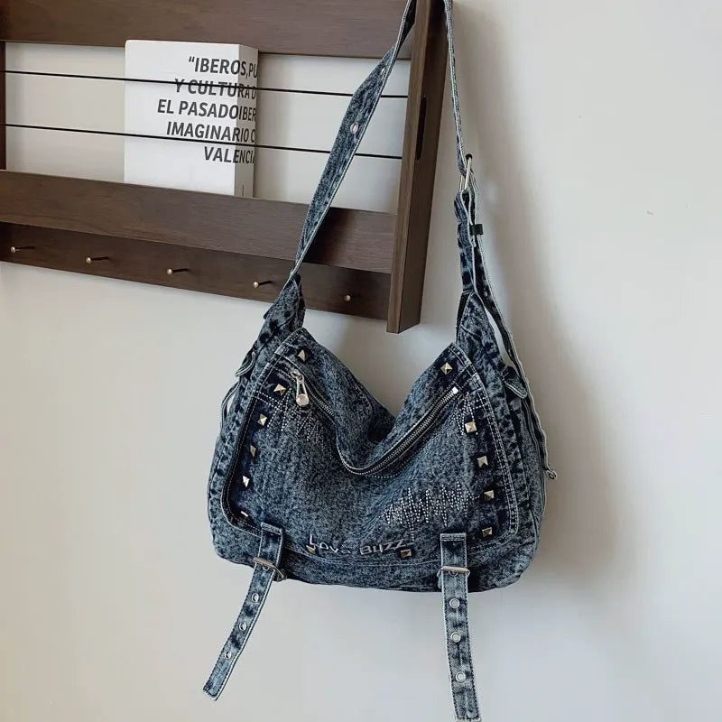 Vintage Denim Motorcycle Crossbody Bag