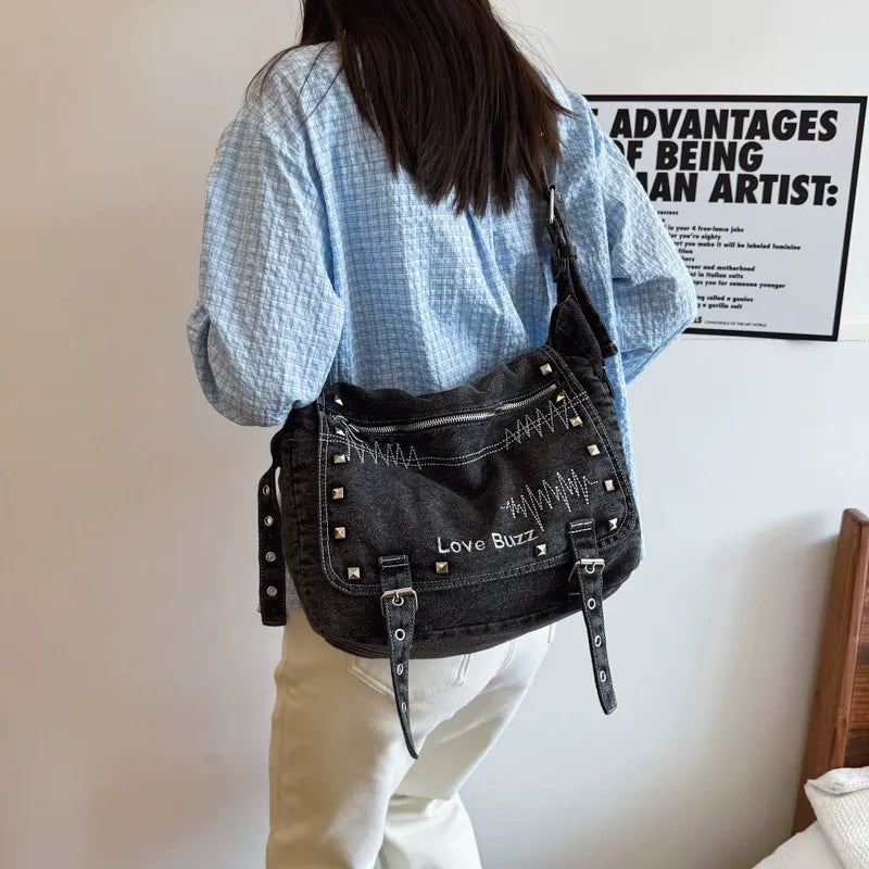 Vintage Denim Motorcycle Crossbody Bag