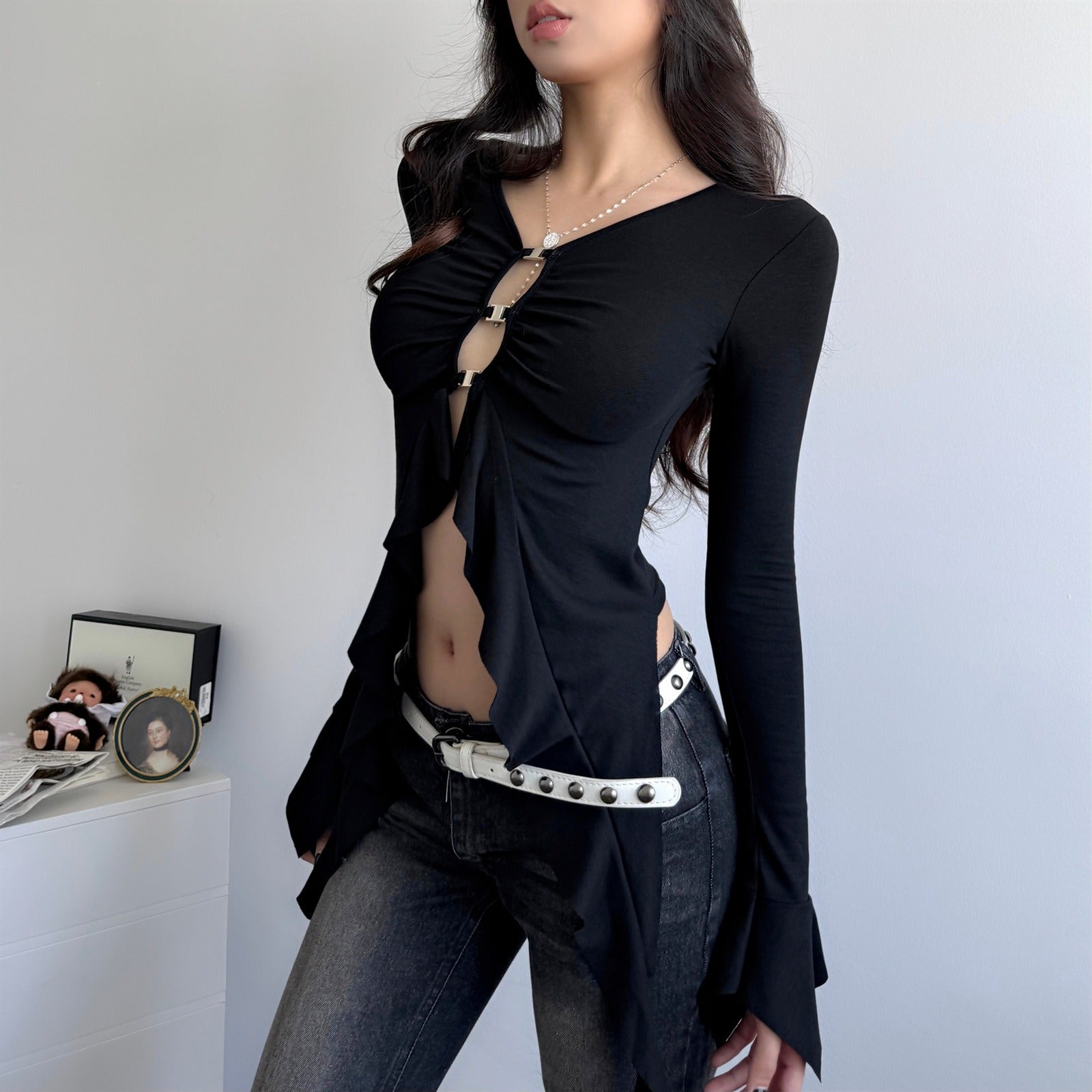 Lotus Leaf Hollow Long-Sleeved Top