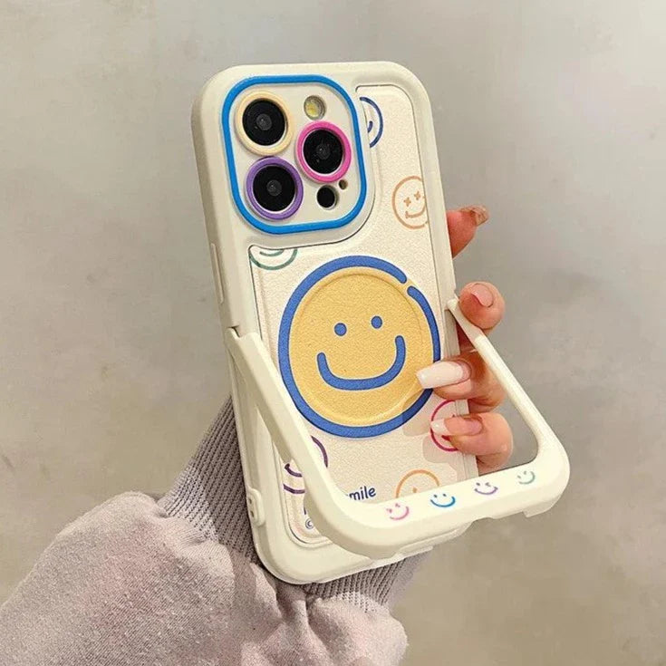 Invisible Bracket Cartoon Smile Leather Cute Phone Case for iPhone 11-15 Pro Max Plus