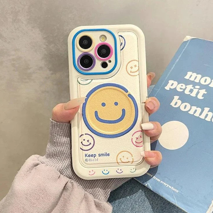 Invisible Bracket Cartoon Smile Leather Cute Phone Case for iPhone 11-15 Pro Max Plus