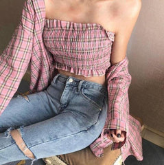 2 In 1 Set Plaid Top Oversized Tartan Shirt