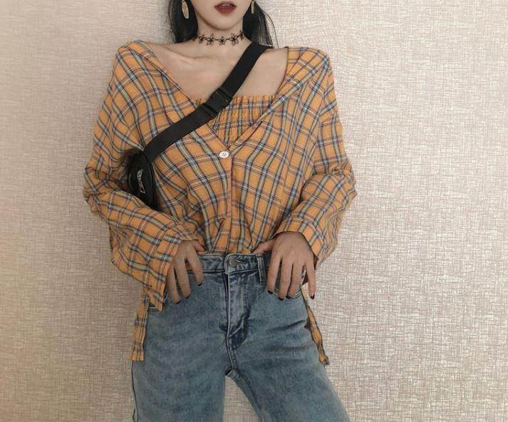 2 In 1 Set Plaid Top Oversized Tartan Shirt