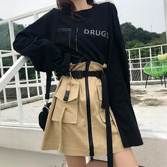 2 PIECE SET BACKLESS LONG SLEEVE T-SHIRT + HIGH WAIST TOOLING SKIRT