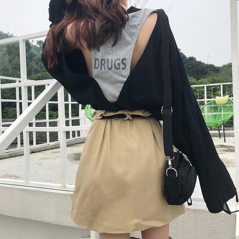 2 PIECE SET BACKLESS LONG SLEEVE T-SHIRT + HIGH WAIST TOOLING SKIRT