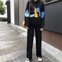 2 Piece Set Cartoon Sweater Long Flared Pants Skirt Black Suit