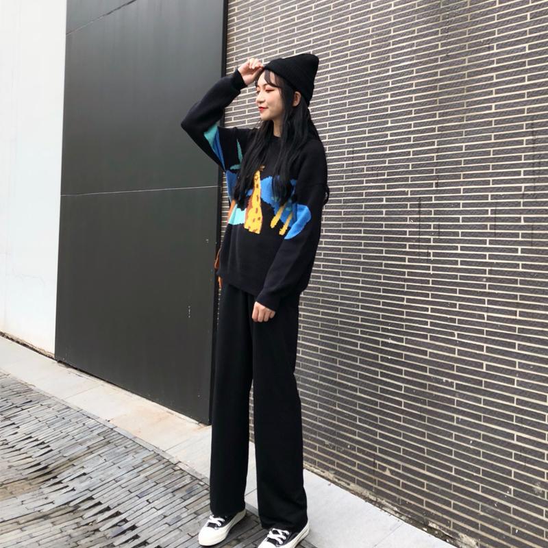 2 Piece Set Cartoon Sweater Long Flared Pants Skirt Black Suit