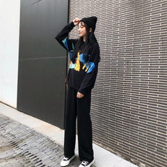 2 Piece Set Cartoon Sweater Long Flared Pants Skirt Black Suit