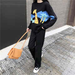 2 Piece Set Cartoon Sweater Long Flared Pants Skirt Black Suit