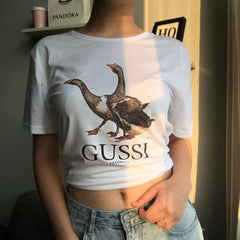 90S Aesthetic White Gussi Print T-Shirt