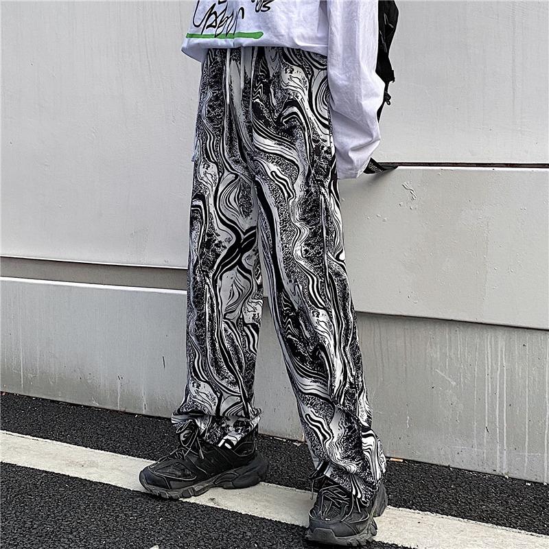 Abstract Black And White Pattern Elastic Waist Straight Pants