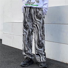 Abstract Black And White Pattern Elastic Waist Straight Pants