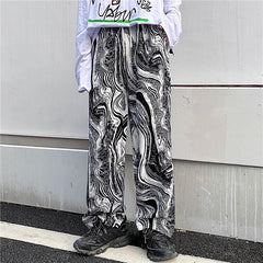 Abstract Black And White Pattern Elastic Waist Straight Pants