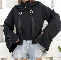 Aesthetic Black Fringe Oversized Hood Crop Sweatshirt