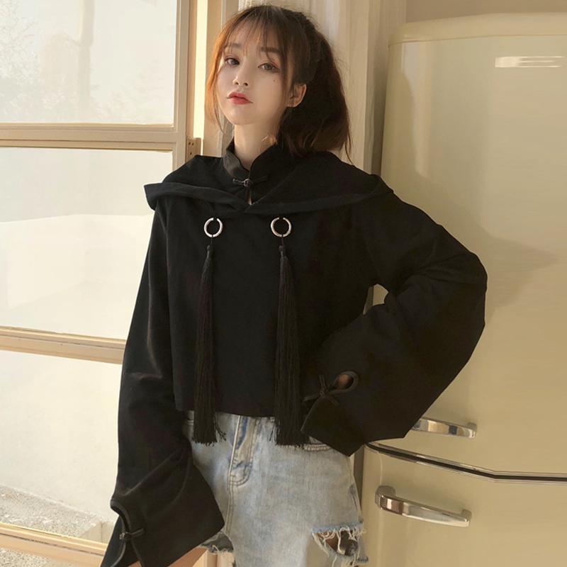 Aesthetic Black Fringe Oversized Hood Crop Sweatshirt