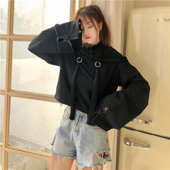 Aesthetic Black Fringe Oversized Hood Crop Sweatshirt