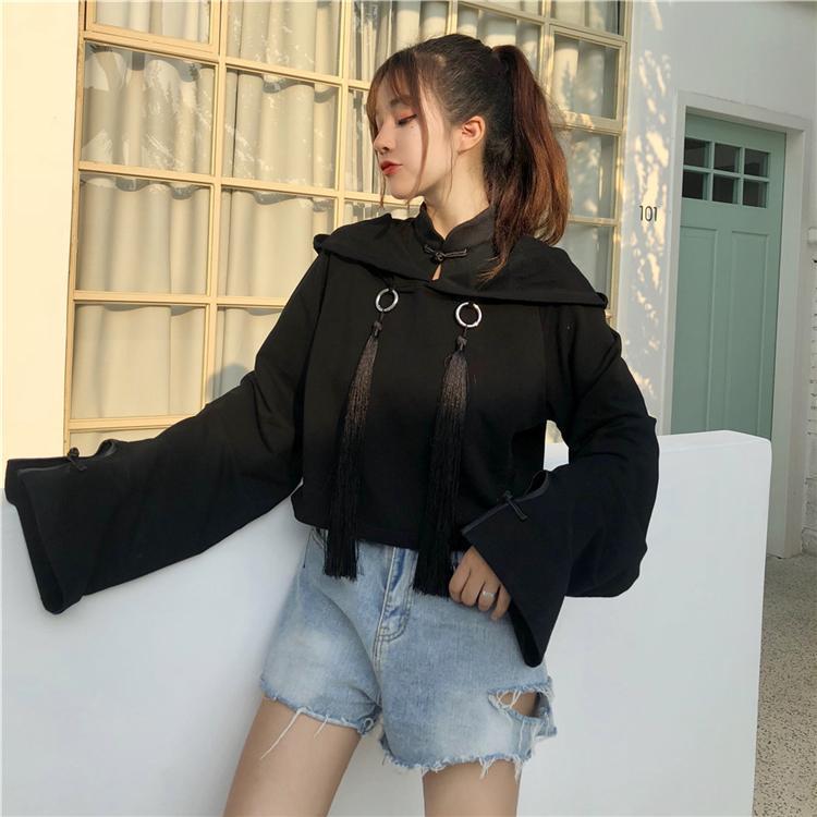 Aesthetic Black Fringe Oversized Hood Crop Sweatshirt