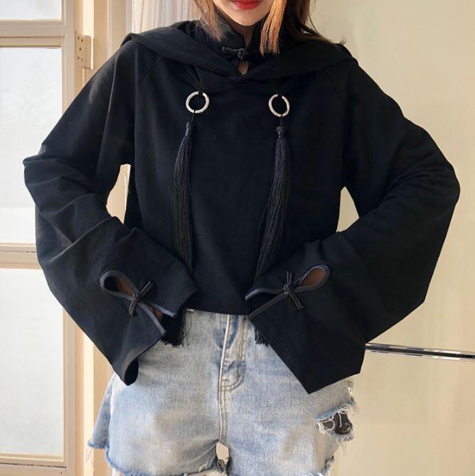 Aesthetic Black Fringe Oversized Hood Crop Sweatshirt