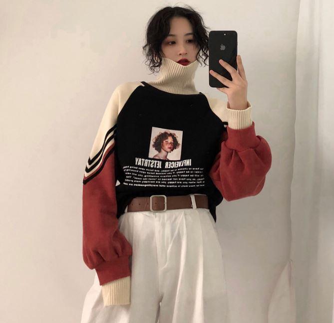 Aesthetic Girl Print Thick High Collar Knitted Sweater