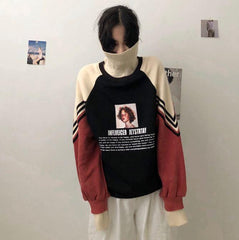 Aesthetic Girl Print Thick High Collar Knitted Sweater