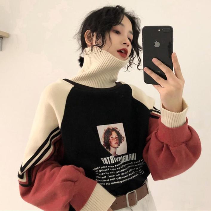 Aesthetic Girl Print Thick High Collar Knitted Sweater