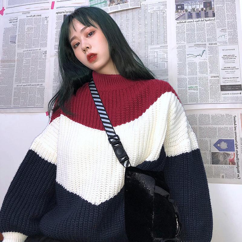 Warmer Oversize-Strickpullover mit Farbblockdesign für ästhetische Mädchen 