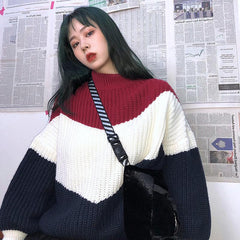 Warmer Oversize-Strickpullover mit Farbblockdesign für ästhetische Mädchen 