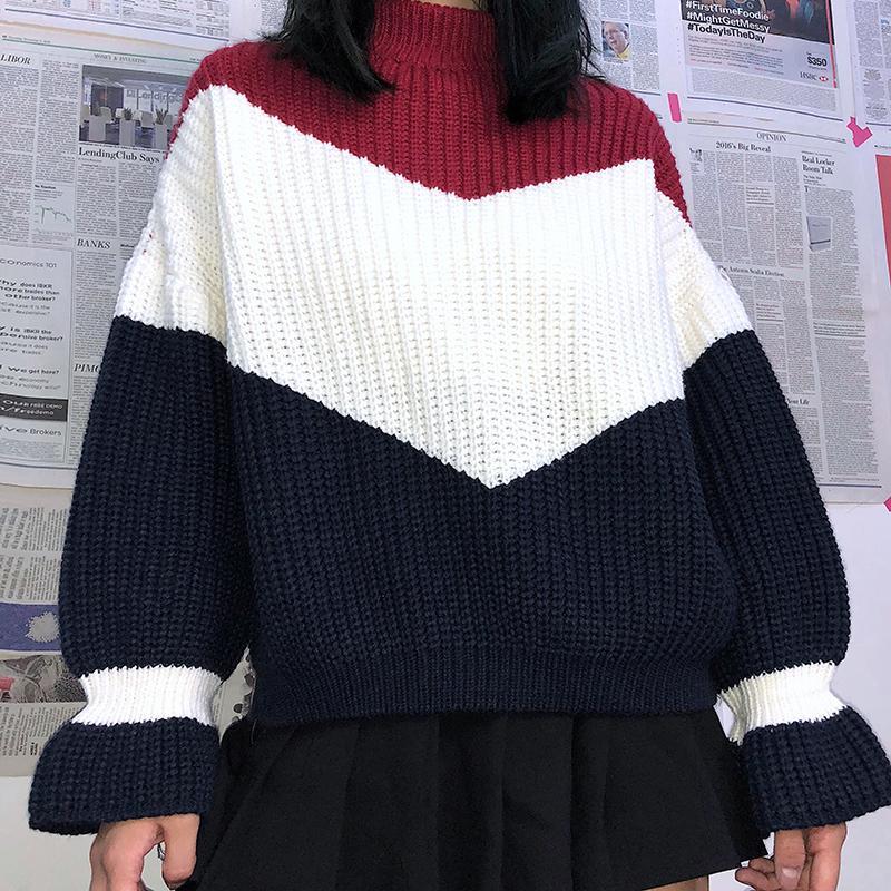 Aesthetic Girl Warm Knit Oversized Color Block Sweater