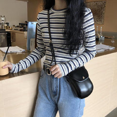 Aesthetic Thin Stripes Round Neck Knitted Slim Blouse