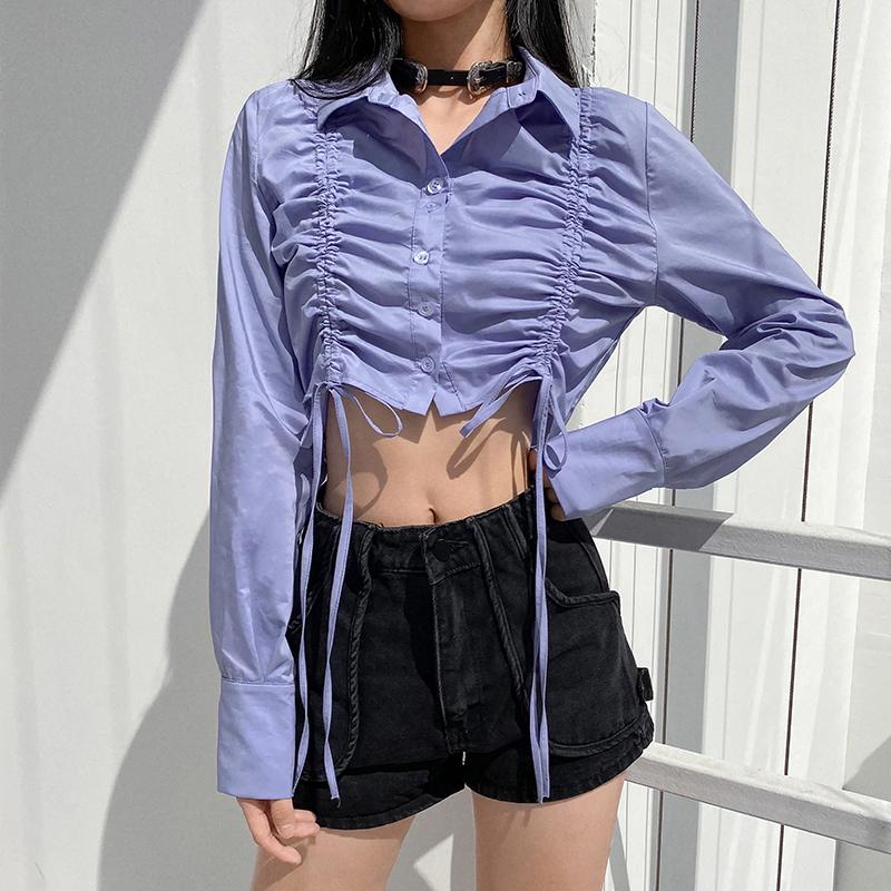 Aesthetic White Blue Ruched Long Sleeve Crop Shirt