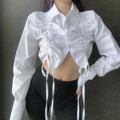 Aesthetic White Blue Ruched Long Sleeve Crop Shirt