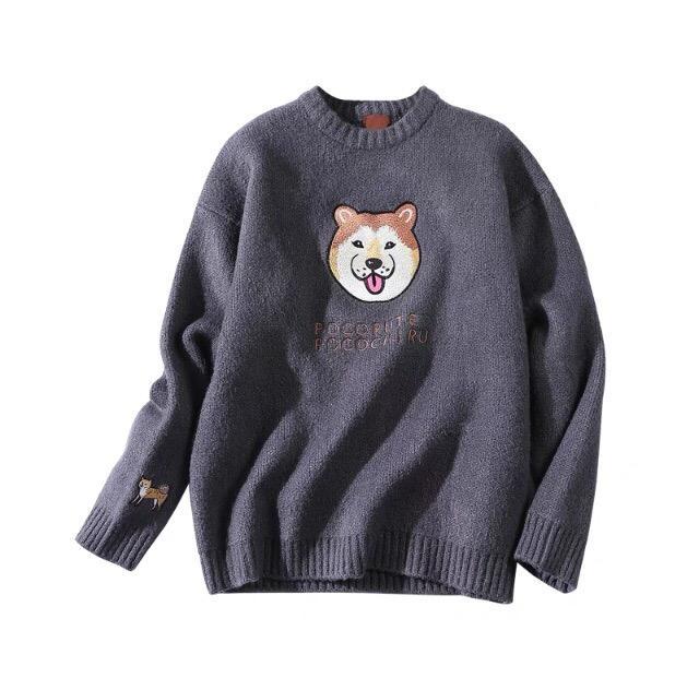 Akita Shiba Inu Dog Embroidery O-Neck Knitted Sweater