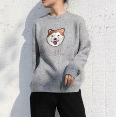 Akita Shiba Inu Dog Embroidery O-Neck Knitted Sweater