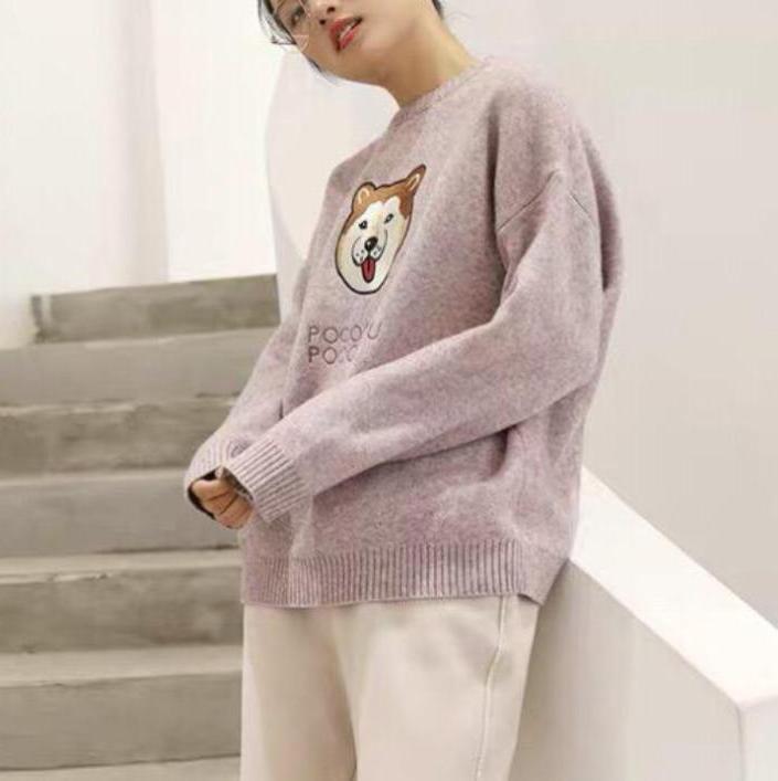 Akita Shiba Inu Dog Embroidery O-Neck Knitted Sweater