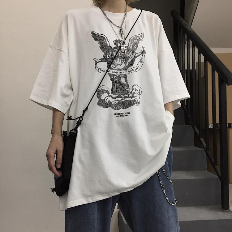 Angel Letter Printing Black White Oversized T-Shirt