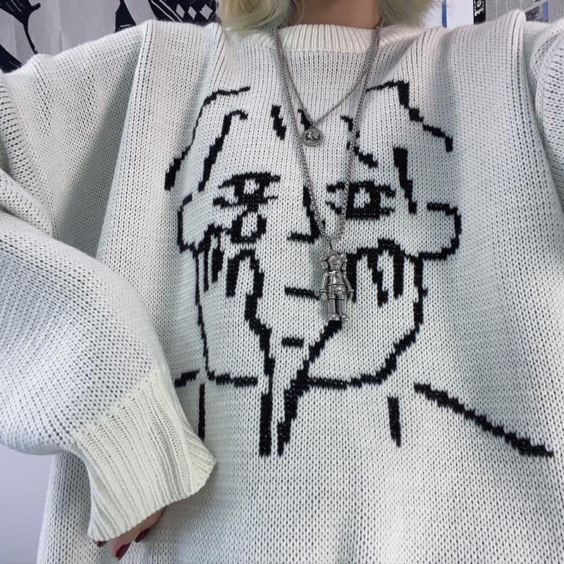 Anime Boys Knit Pattern Loose Black White Sweater