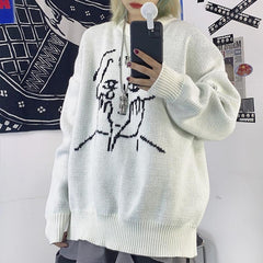 Anime Boys Knit Pattern Loose Black White Sweater