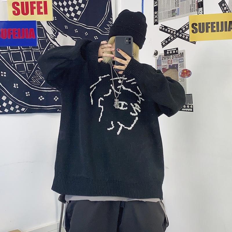 Anime Boys Knit Pattern Loose Black White Sweater