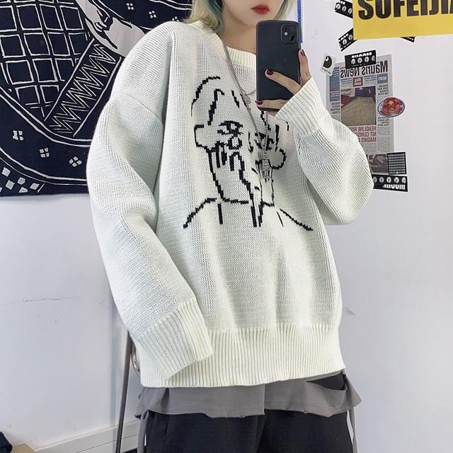 Anime Boys Knit Pattern Loose Black White Sweater