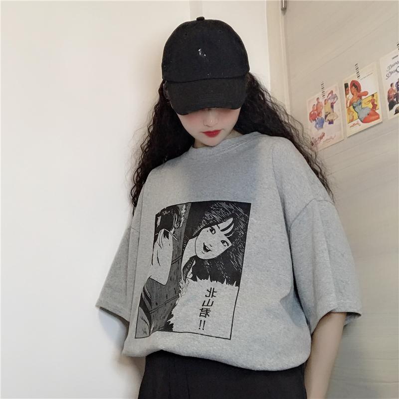 ANIME COMIX LETTER PRINT GRAY WHITE OVERSIZED T-SHIRT