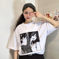 ANIME COMIX LETTER PRINT GRAY WHITE OVERSIZED T-SHIRT