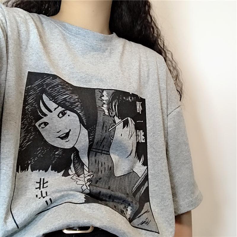 ANIME COMIX LETTER PRINT GRAY WHITE OVERSIZED T-SHIRT