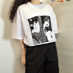 ANIME COMIX LETTER PRINT GRAY WHITE OVERSIZED T-SHIRT