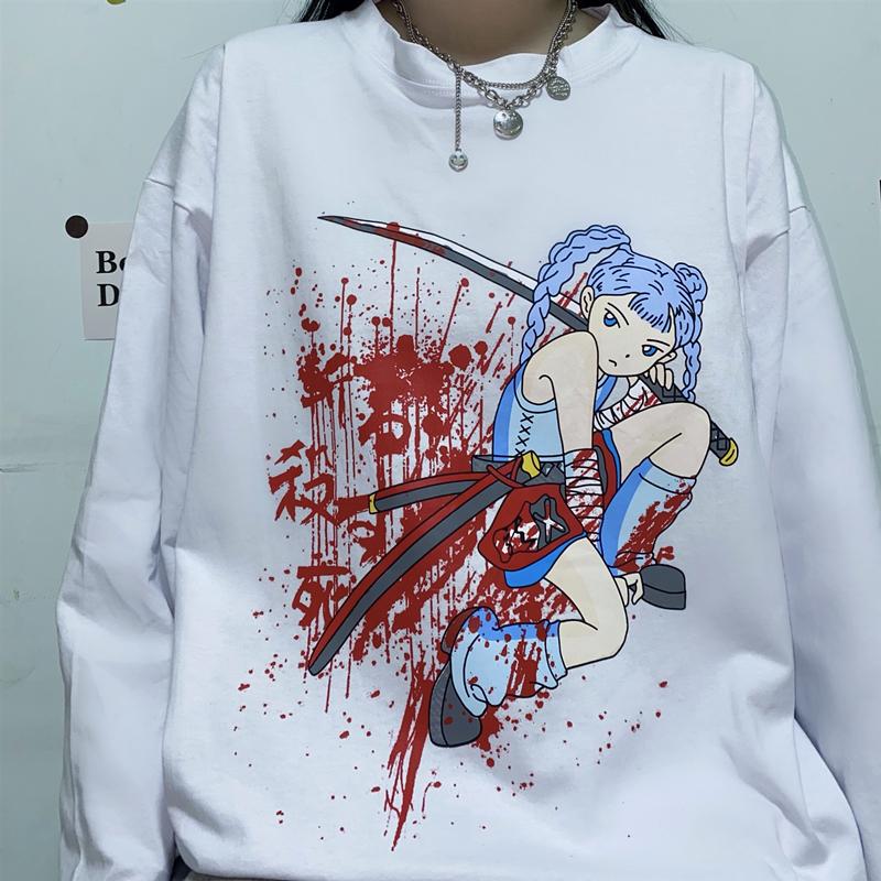 Anime Girl Aesthetic Print Loose White Black Shirt