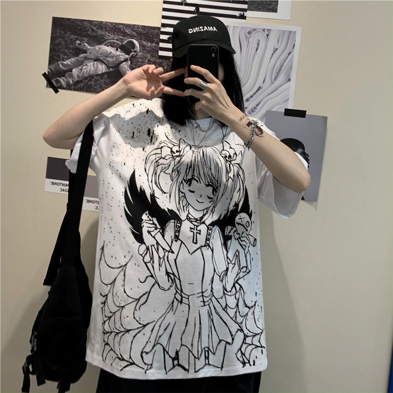 ANIME GIRL PRINTED BLACK AND WHITE OVERSIZED T-SHIRT