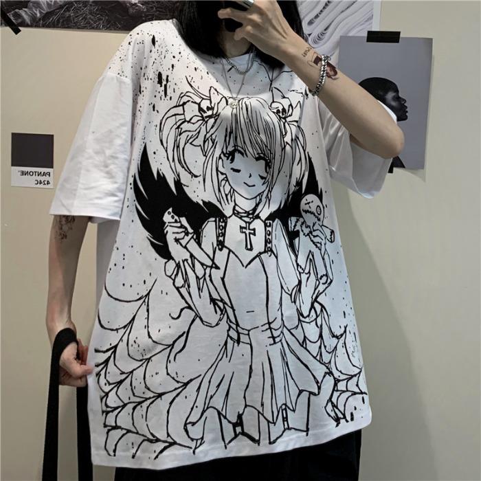 ANIME GIRL PRINTED BLACK AND WHITE OVERSIZED T-SHIRT