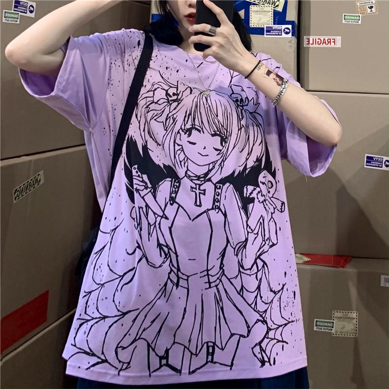 ANIME GIRL PRINTED BLACK AND WHITE OVERSIZED T-SHIRT