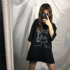 Anime Line Drawing Japanese Characters Oversized White T-Shirt